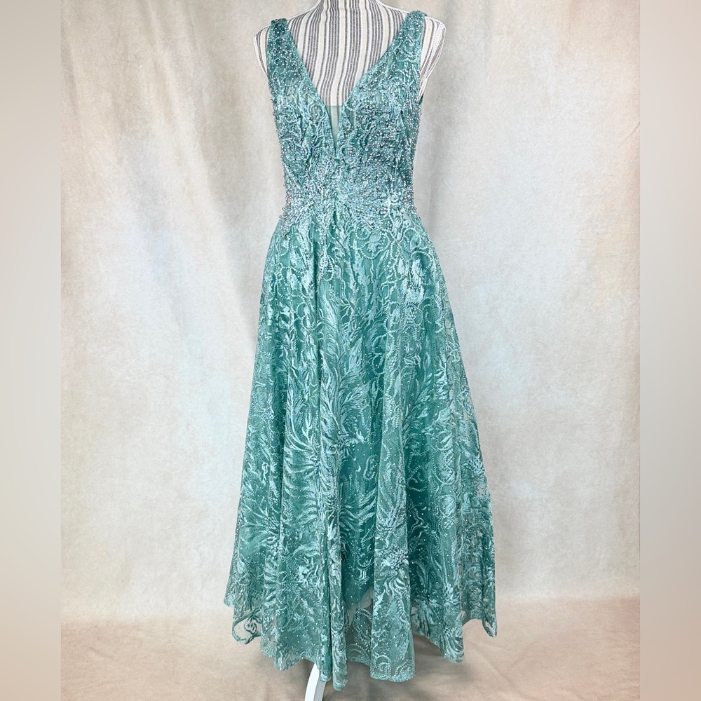 Mac Duggal Teal Beaded Lace Midi Dress Size 6 V-Neck Formal Wedding Guest - Picture 3 of 14